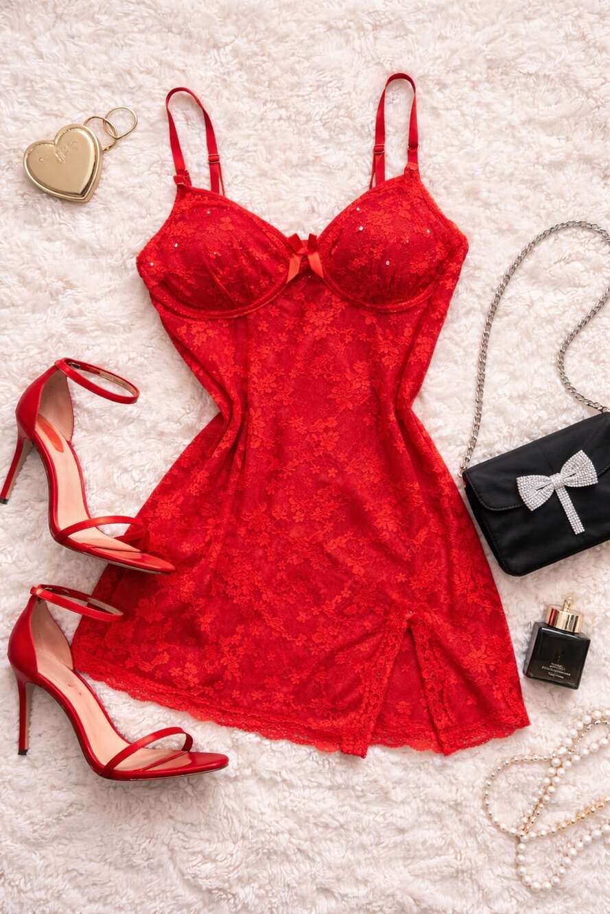 Y2K‎ Red Lace Babydoll Lingerie Dress Sheer Sexy Coquette Slip M